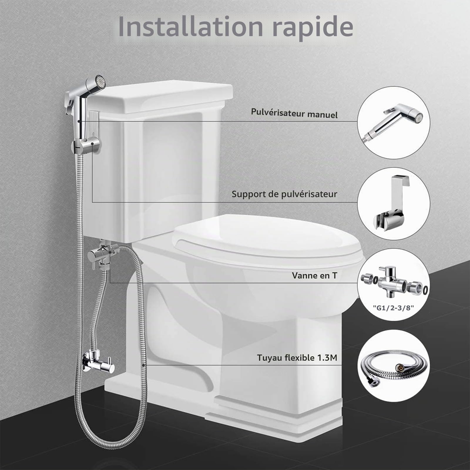 Ensemble de douchette à main pour bidet, en ABS, de qualité supérieure, avec valve G1/2" et un pulvérisateur G3/8", pour douche, salle de bain, hygiène, papier toilette, nettoyage des couches