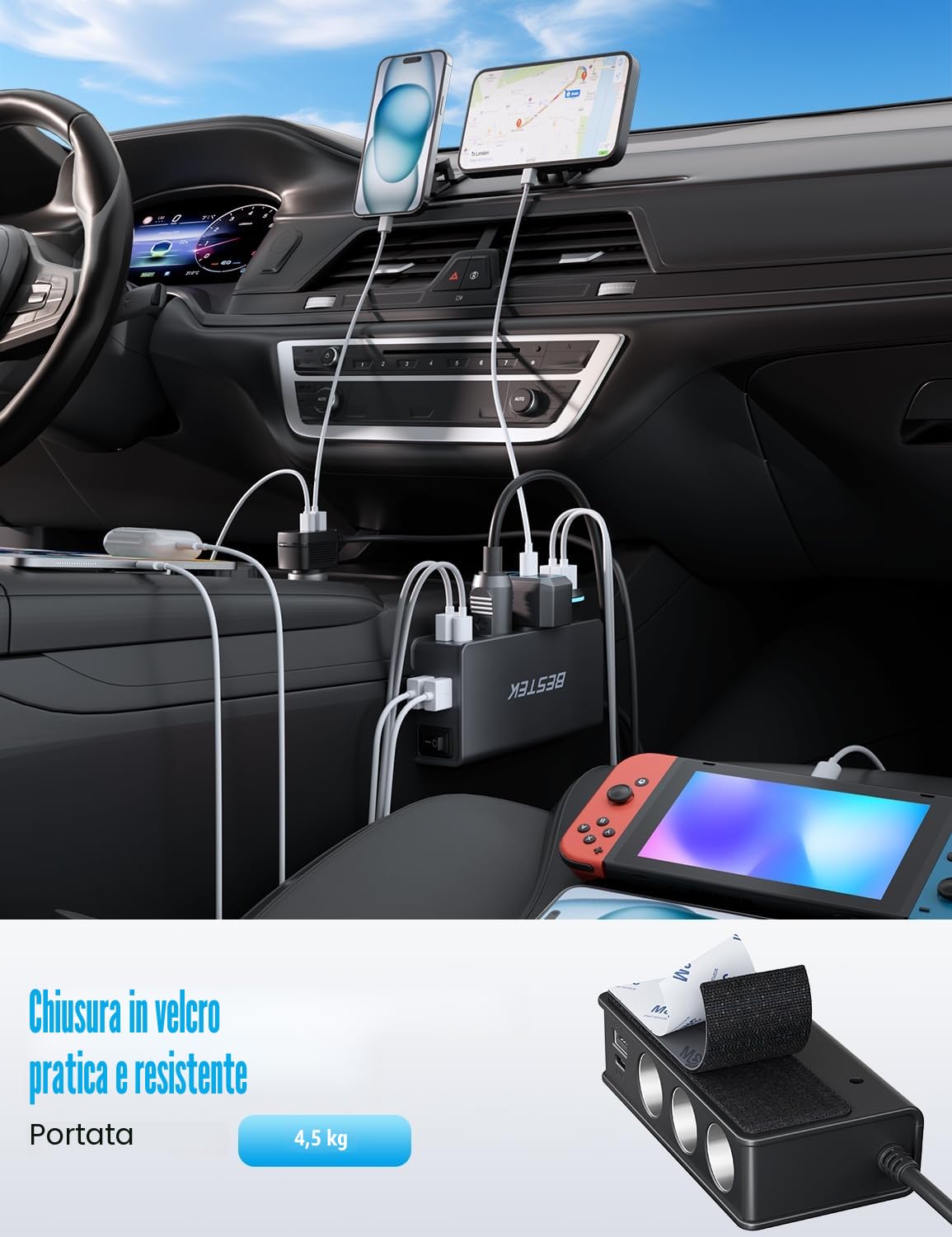 BESTEK Caricatore Auto USB-C PD USB QC3.0 Caricabatterie da Auto 148W, 9 in 1 Adattatore per Accendisigari 12V/24V con 3 Prese & 6 Porte con Display LED per iPhone Dash Cam
