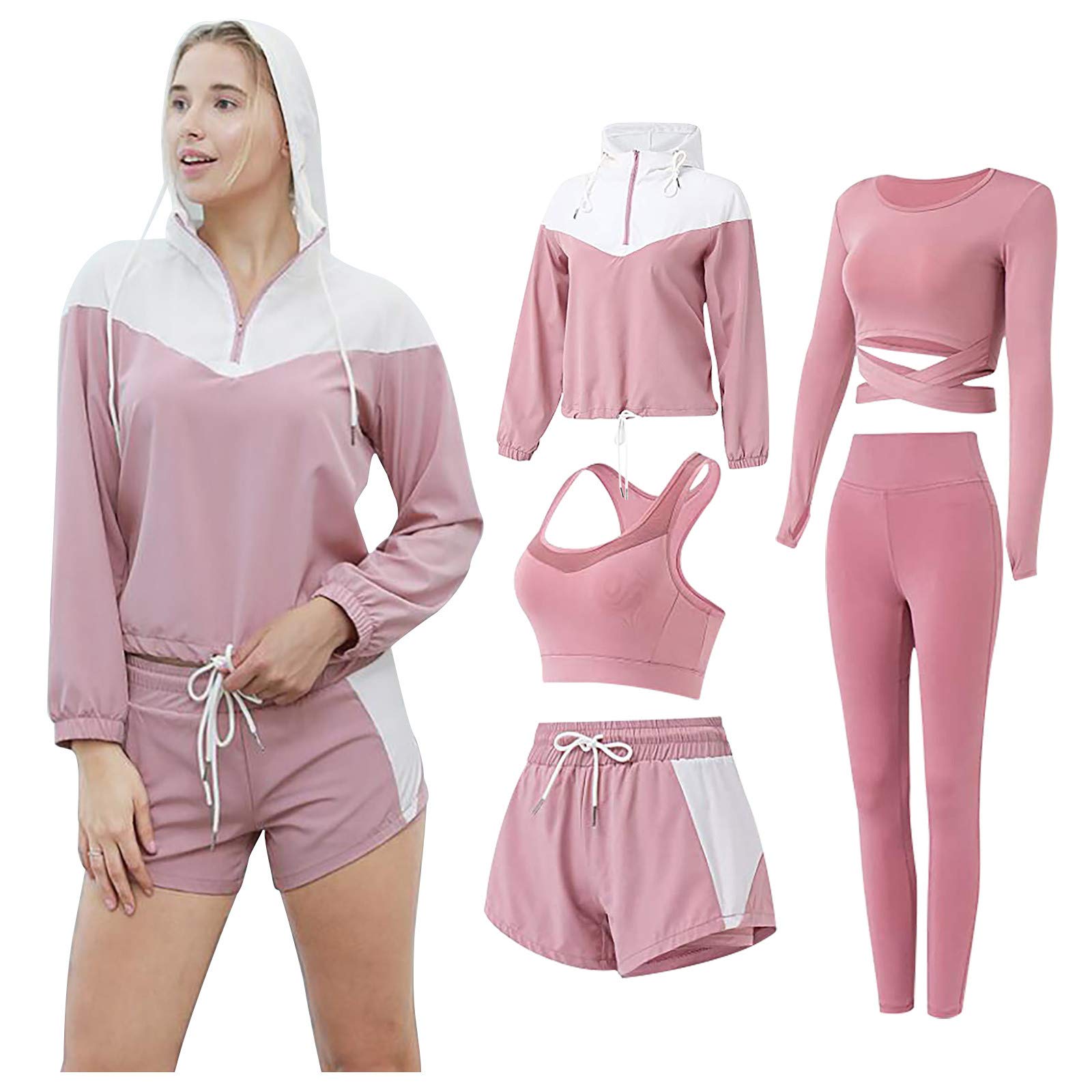 Jogginganzug Damen Set- 5 Teiligs Sport Set Workout Outfits Für Frauen Trainingsanzug Gym Fitness Kleidung Outsits Laufbekleidung Sportkleidung Langarm Yoga Leggings Kapuzenjacke Crop-Tanktop Shorts