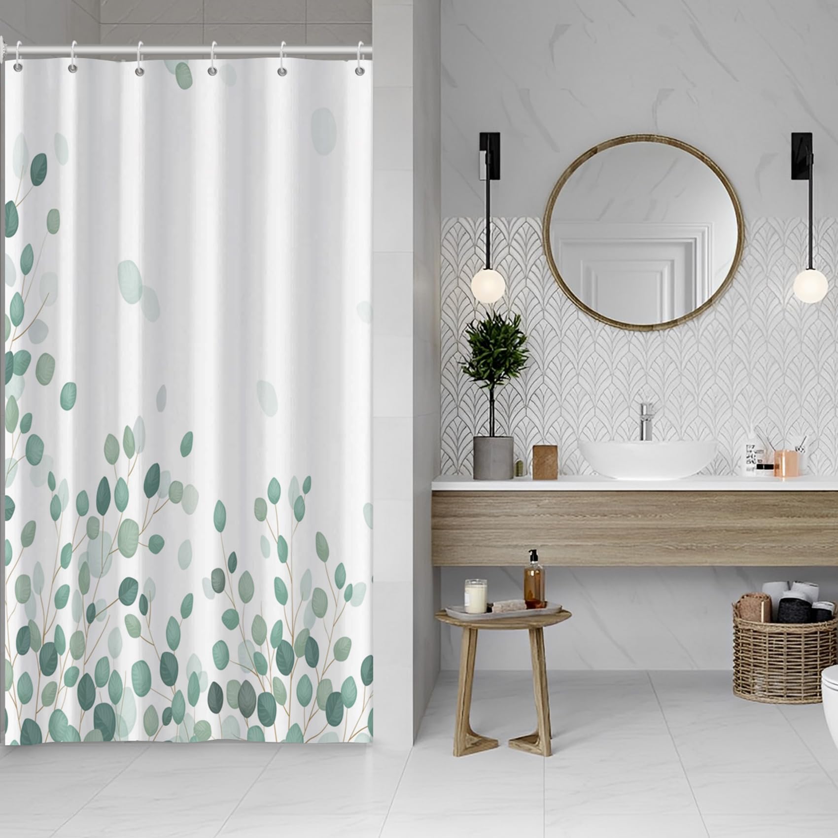 Rideau De Douche En Feuille D'eucalyptus  120 X 180 Cm Motif Feuilles Vertes Botaniques Resistant A Moisissure Impermeable Tissu En Polyester 96820615