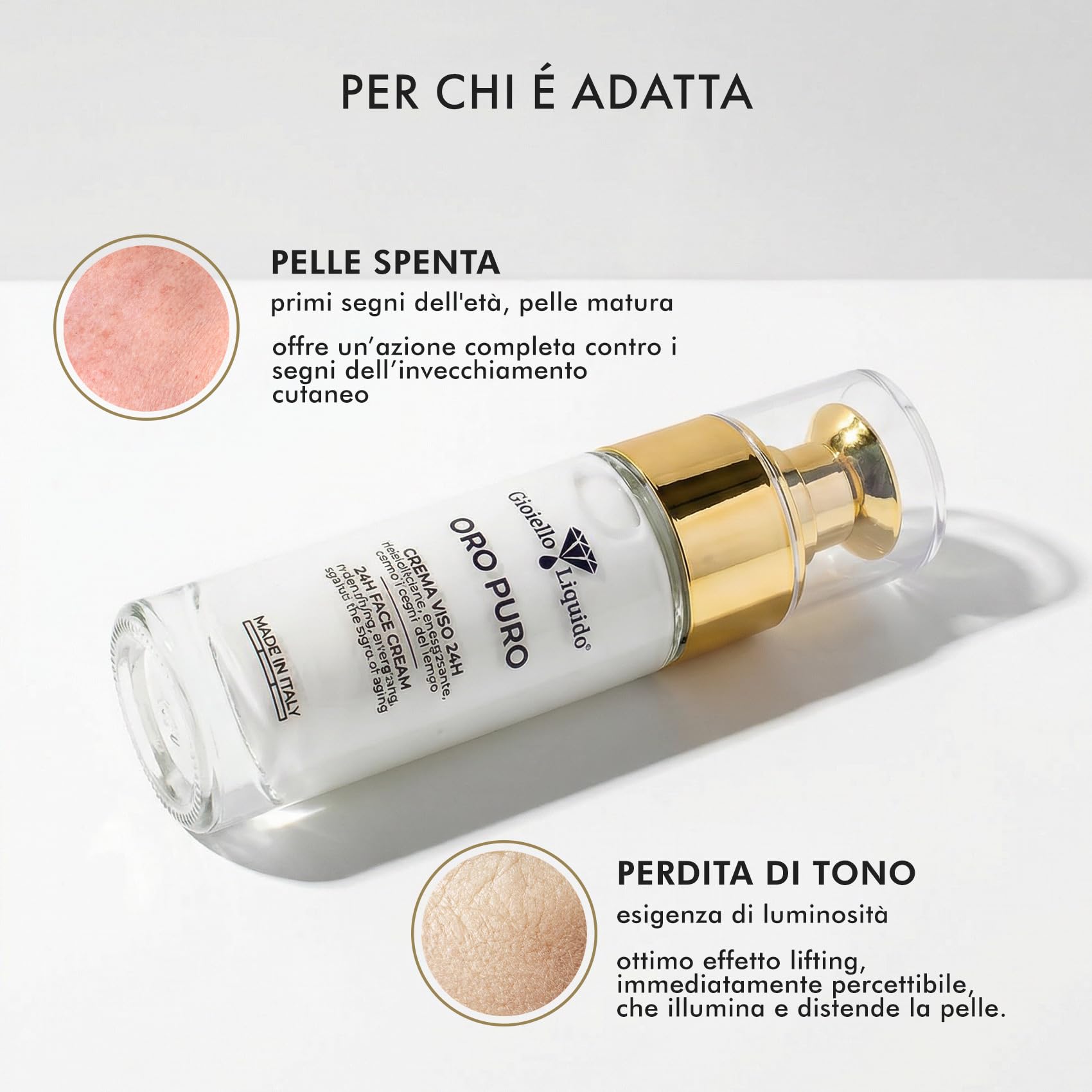 Gioiello Liquido Crema Viso 24H - Antiage con Oro Colloidale, Acido Ialuronico e Rosa Damascena Effetto Lifting e Illuminante – Made in Italy – Per Viso, Collo e Décolleté formato viaggio