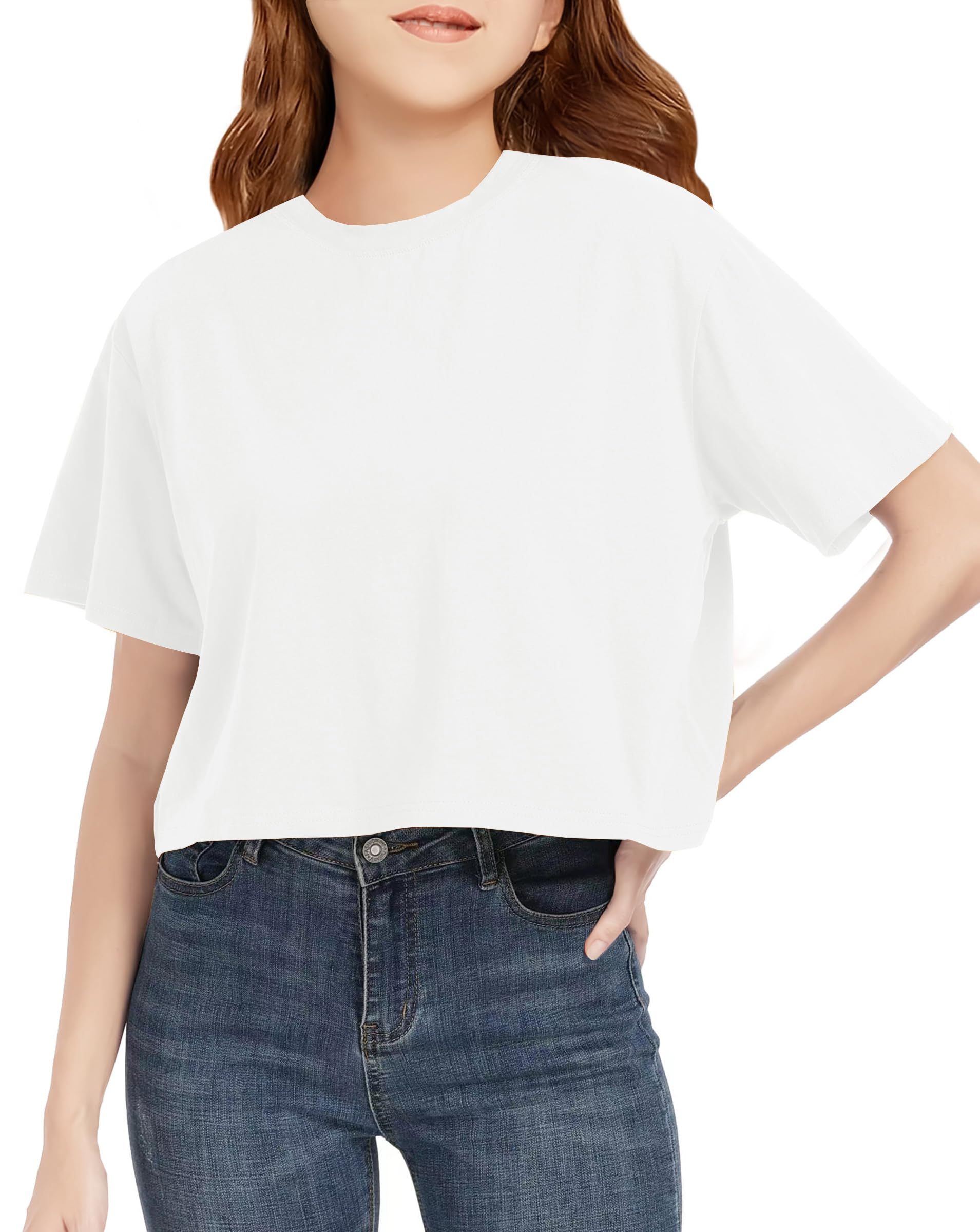 CharmWM Girls Summer Crop Tops Kids Fashion Oversized Crew Neck Cropped Short Sleeve T Shirts Basic Tees Size 5-14 Years