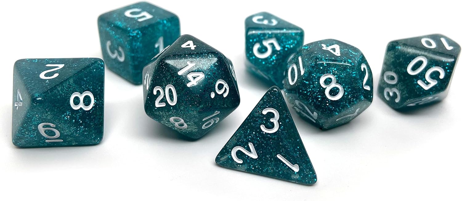 Glitter and Sparkle Polyhedral Dice Set - 7 Piece Dice Set with One D20, D12, D10, D8, D6, D4, and D00 (Rose Sparkle with White Font)