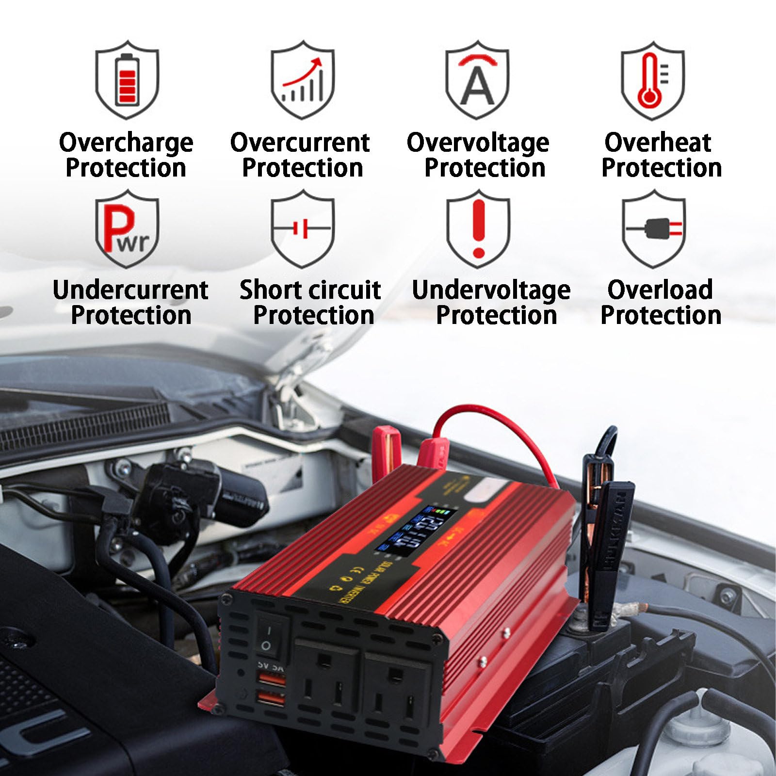 Inverter di Potenza a Onda Sinusoidale Modificata da 12 V/24V a 110V/220V Inverter per Auto con Display LCD, 2 Porte USB, per Camper, Camion, Campeggio, ecc.,Red-3000W