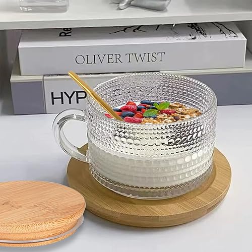 Miniatura 5 de Juego de 4 tazas de café vintage de 14 onzas, tazas de té transparentes en relieve con tapas y cucharas de bambú, tazas de café de vidrio hobnail