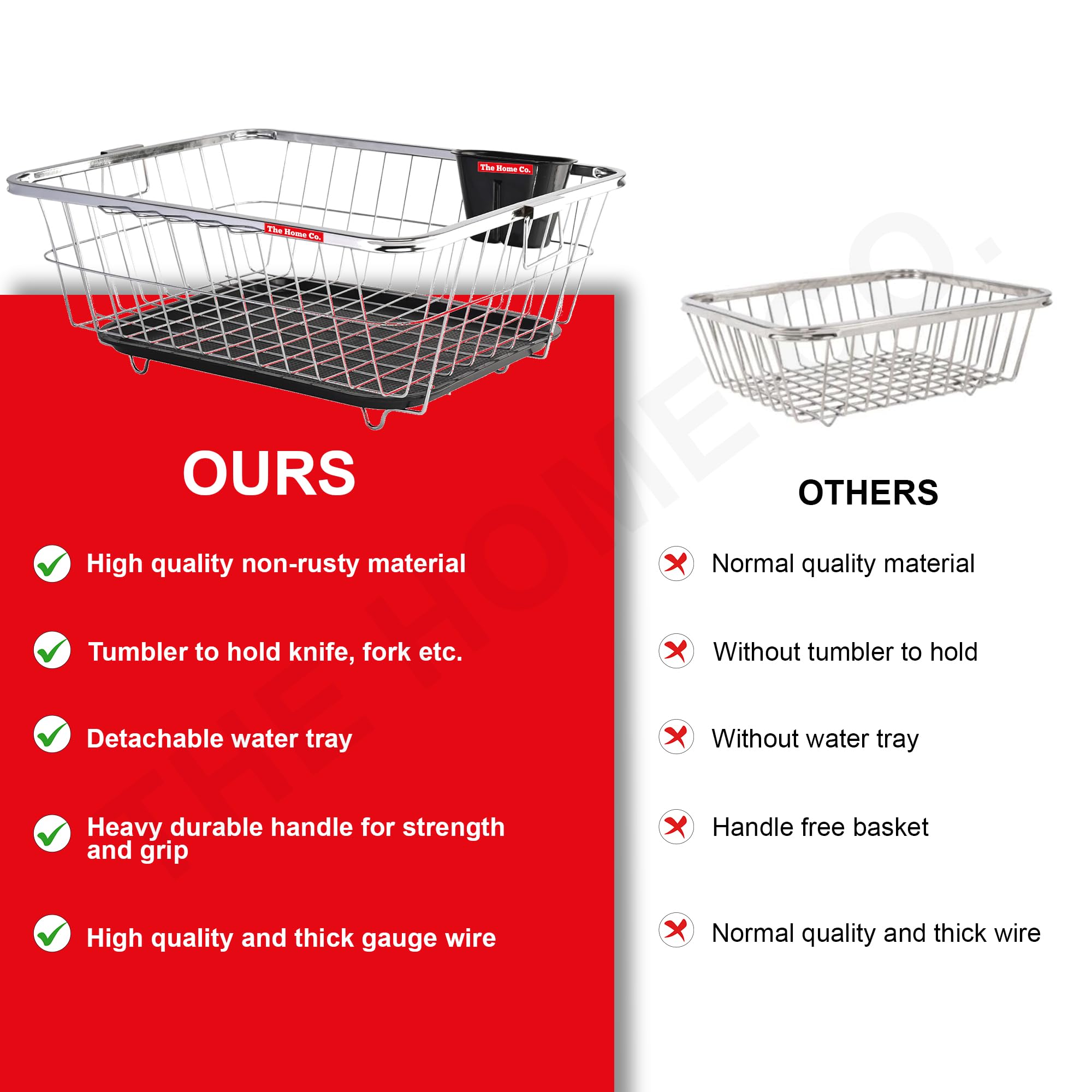 The Home Co. Stainless Steel 59x46x23cm Dish Drainer Basket with Drainer Tray & 1 Spoon Holder I Utensils After Wash Bartan Tokri - Image 6 thumbnail