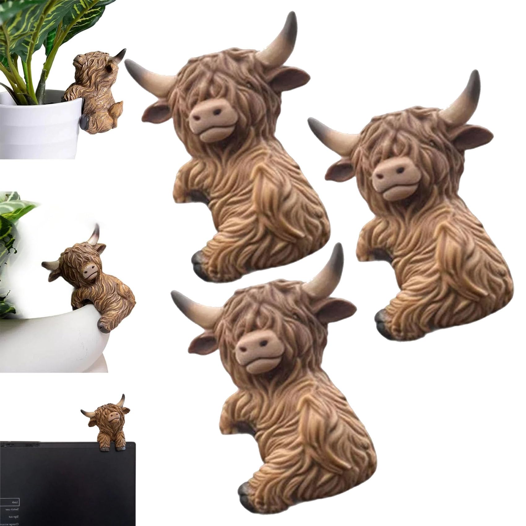 Statuette Vache des Highlands en résine pour plantes et bureau (Lot de 3)