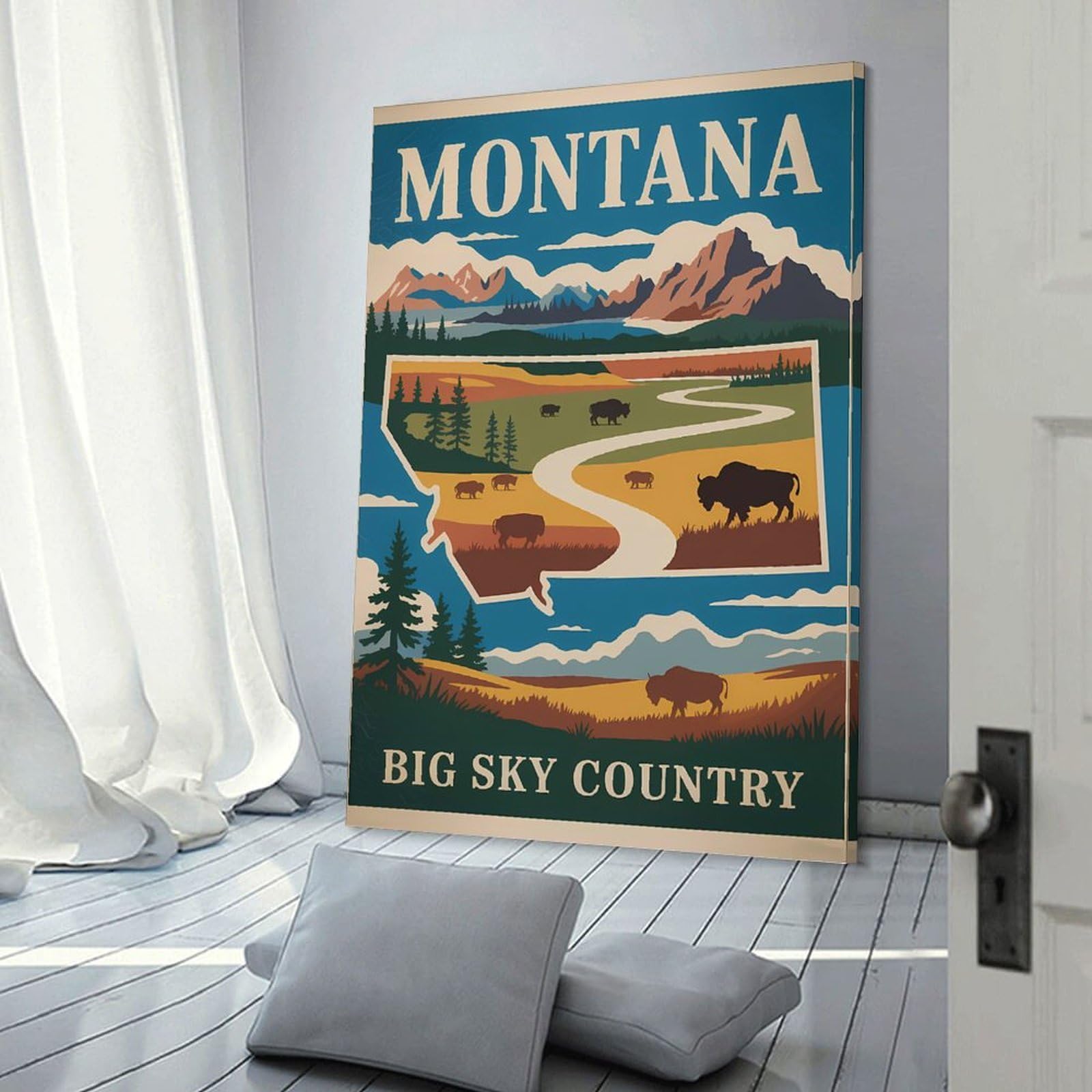 Junmoney Frame-Style-12 Montana Big Sky Country Travel Canvas Art Print, 20X30inch(50X75cm), For Bedrooms, Workspaces And Everyday Interiors, A Flexible Wall Accent For Shared Spaces