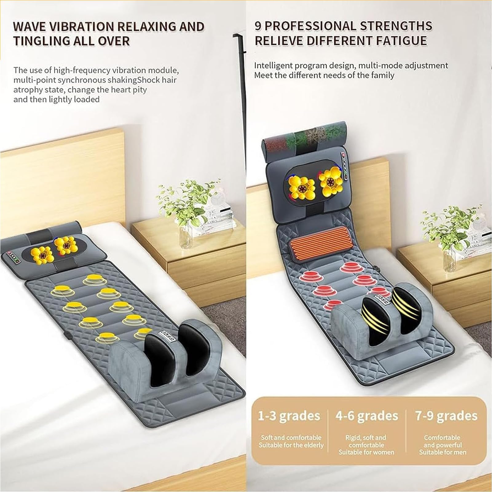 Alfombrilla de masaje de cuerpo completo con calor, almohadilla de masaje vibratorio de 20 cabezales para aliviar el dolor lumbar de las piernas, almohadilla de masaje eléctrica plegable