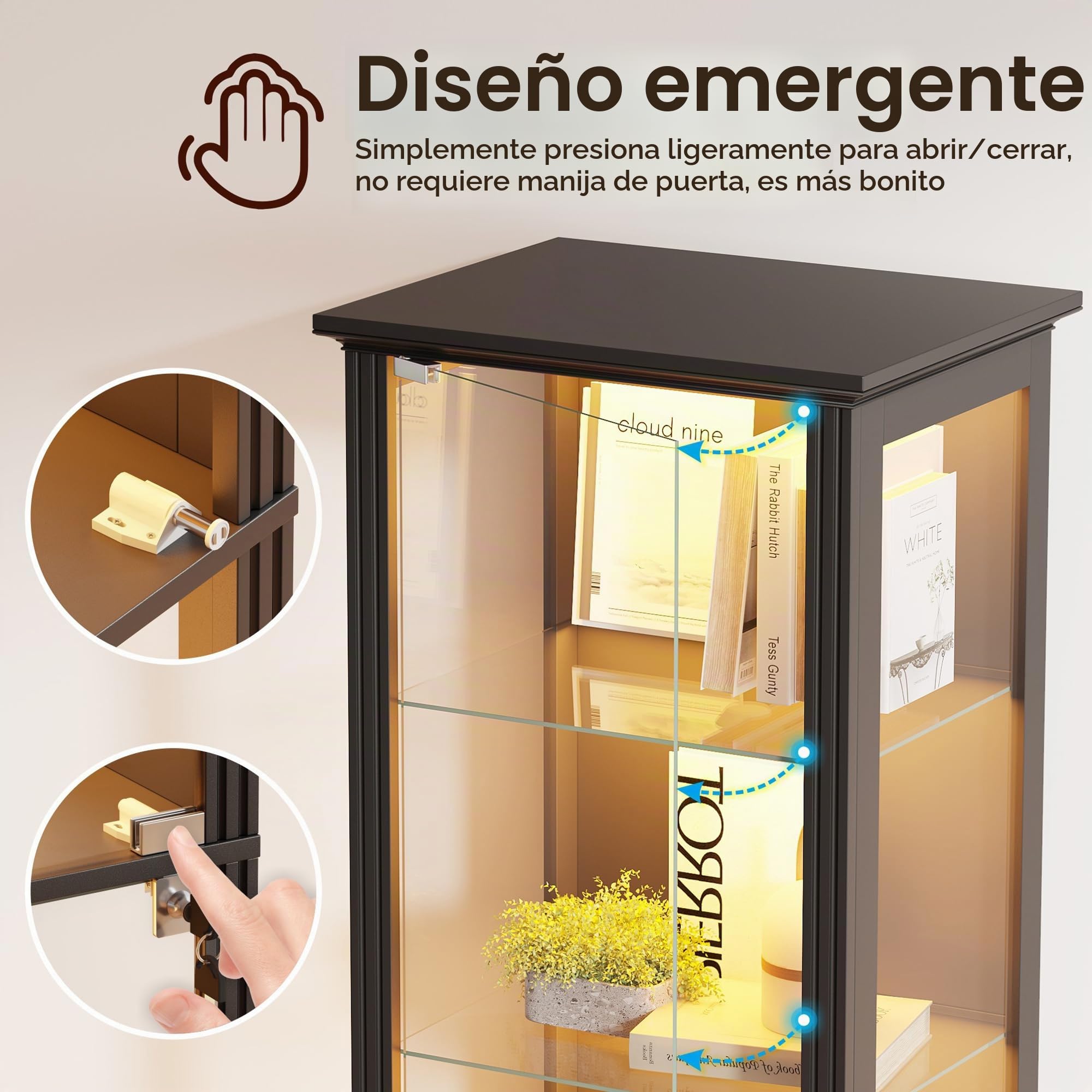 180 CM Vitrinas de Cristal LED y Partición Ajustable para Salón,Blanco | Vitrina esquinera con puerta de cristal con cerradura para Sala de estar,Vitrina con sensor de movimiento y cristal templado