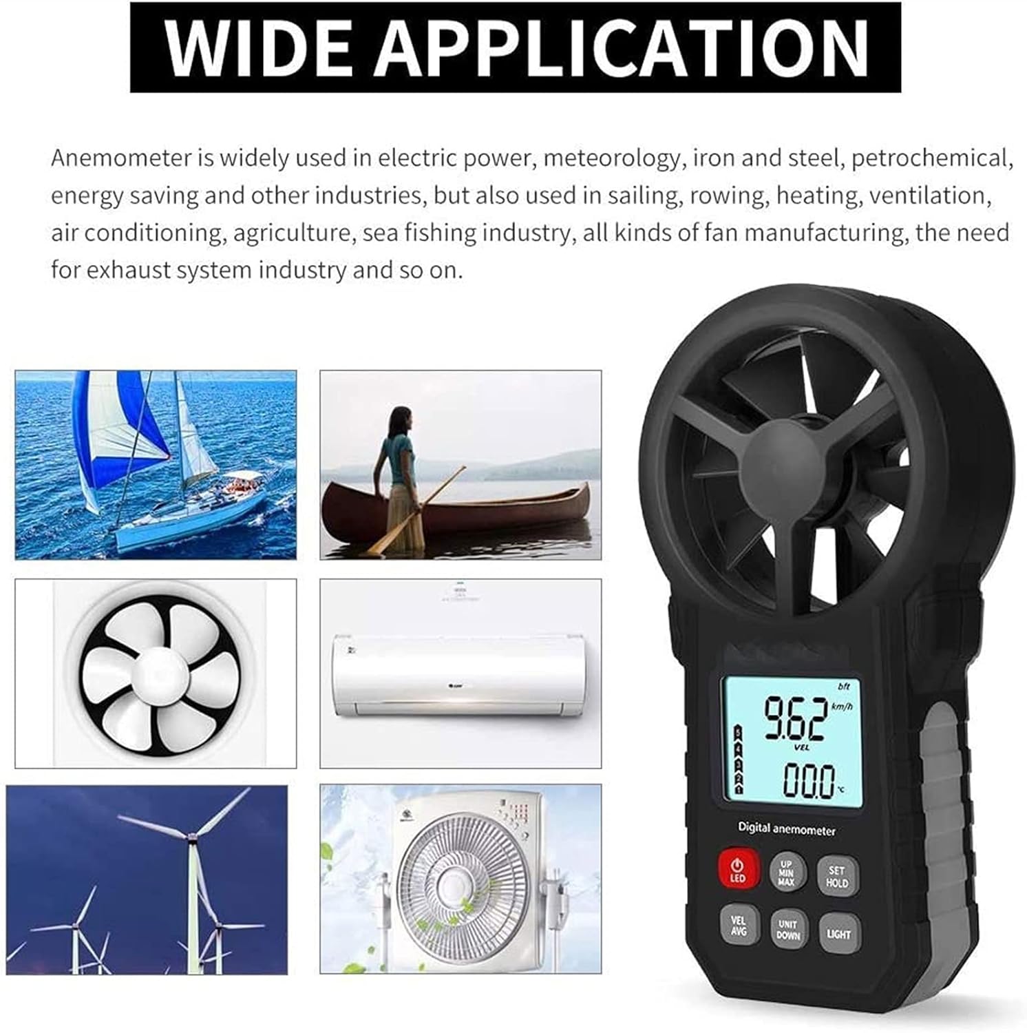 Handheld Wind Speed Chill Temperature Meter Tester, Portable Wind Speed Meter CFM Meter Wind Gauge with LCD Backlight for Weather Data Collection Outdoors Sailing Surfing Fishing