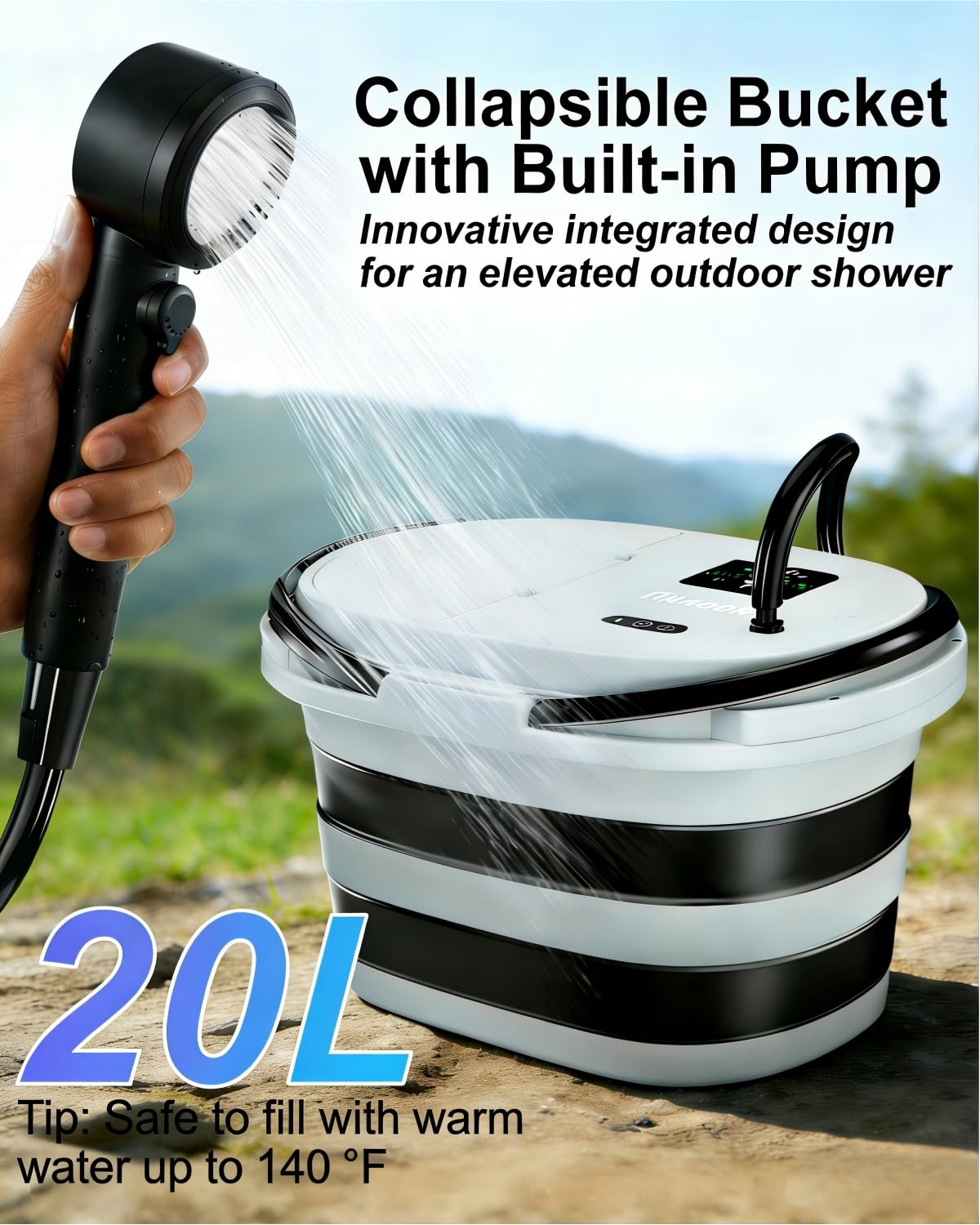 Doccia Portatile, [2 in 1-13000mAh] Doccia da Campeggio Integrata con Secchio, Ricaricabile USB, Secchio Pieghevole da 20L, Kit Doccia per Animali, Emergenze Spiaggia Giardino Lavaggio Auto