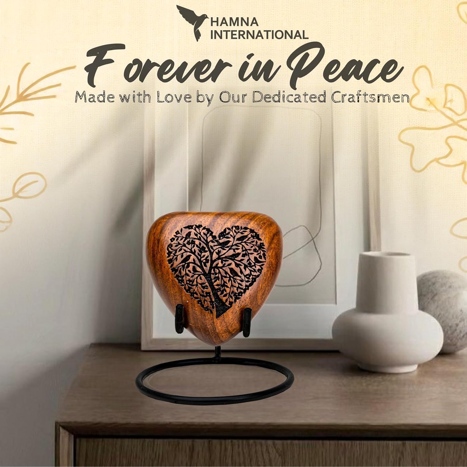 Mini Heart Urn for Human Ashes Adult – Wooden Cremation Keepsake Urn for Men & Women, Engraved Heart Design, 3 Cubic Inches