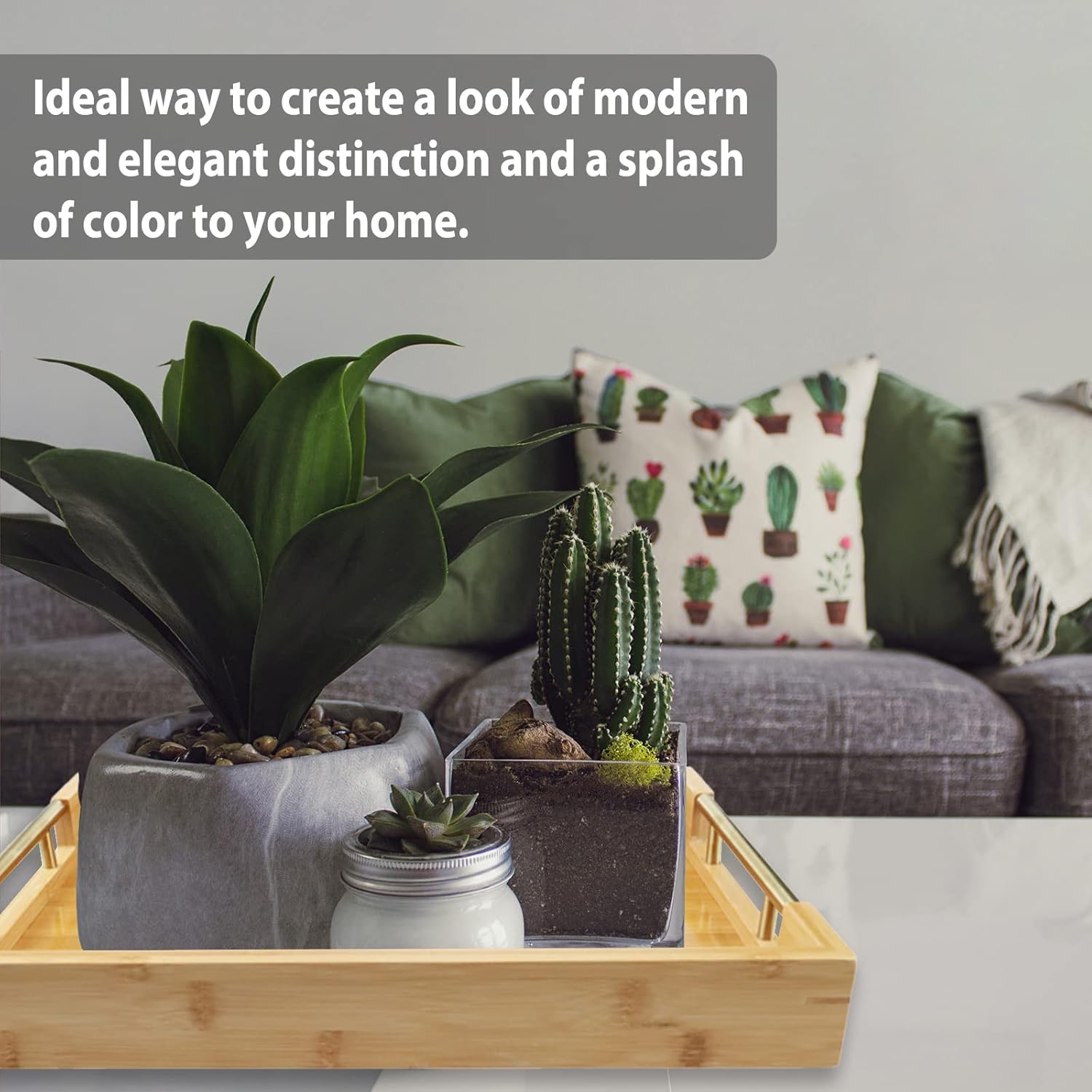 Bamboo Wood Serving Tray with Gold Polished Metal Handles, Decorative Tray Platter Coffee Table Tray Rectangular Wooden Breakfast Tray for Ottoman, Kitchen, Bedroom, Lap &Couch - 15x10.4 Inch - Image 6