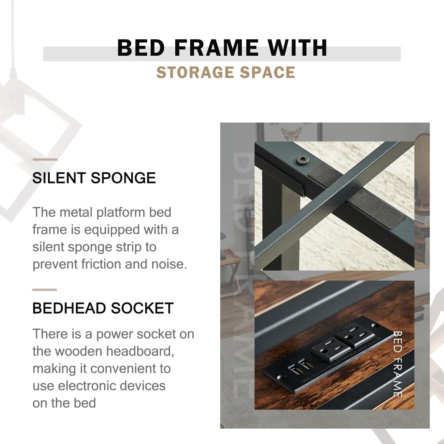 Virabit King Bed Frame with Headboard, Bed Frame King Size with Charging Station, No Box Spring Needed, Steady and Noiseless, Easy Assemble.(Brown)
