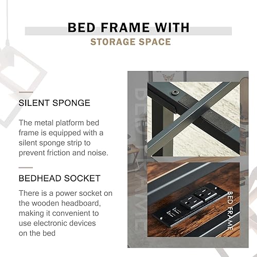 Miniatura 4 de Virabit Base de cama de metal de tamaño matrimonial con cabecero, base de cama de plataforma de tamaño matrimonial con estación de carga y estribo