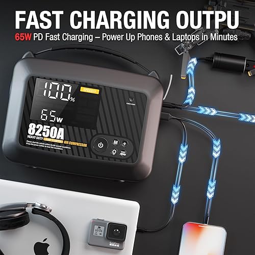 Miniatura 6 de JFEGWO CS02 8250A Arrancador de salto con compresor de aire, 32000mAh 150PSI Portable Car Truck Jump Starter Heavy Duty (16L Gas12L Diesel), caja de