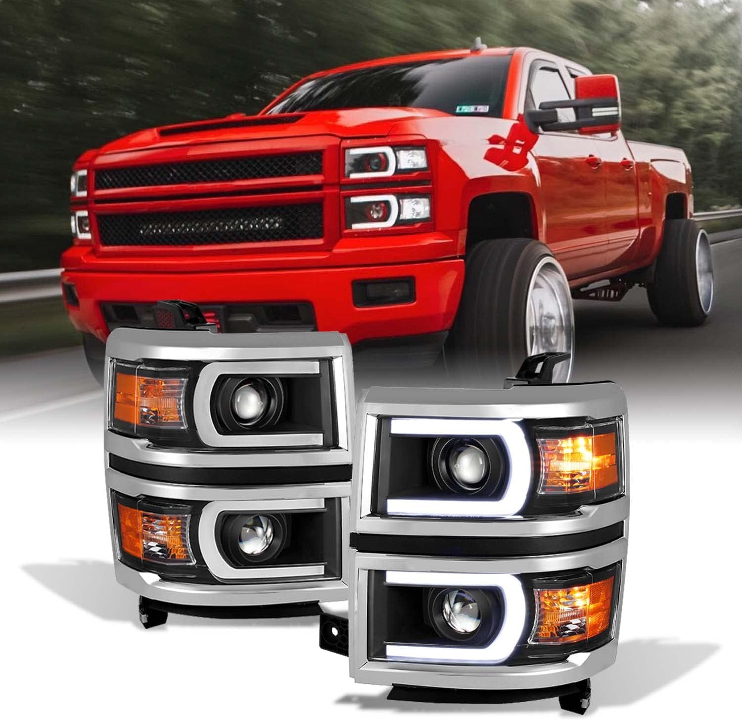 AKKON - For [U Neon Bar Style] [Black] 2014 2015 Chevy Silverado 1500 LED DRL Projector LH + RH Side Headlights