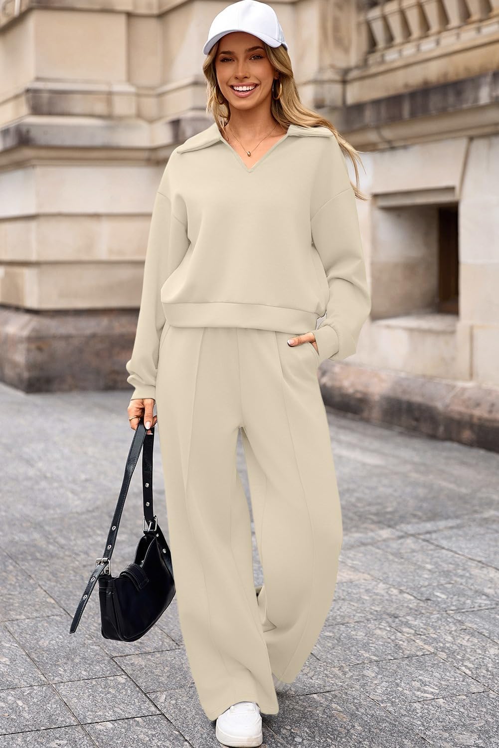 Aleumdr Womens 2 Piece Outfits Fall Lounge Set Sweatsuit Long Sleeve Tops Wide Leg Pants with Pockets Travel Outfit - Image 5