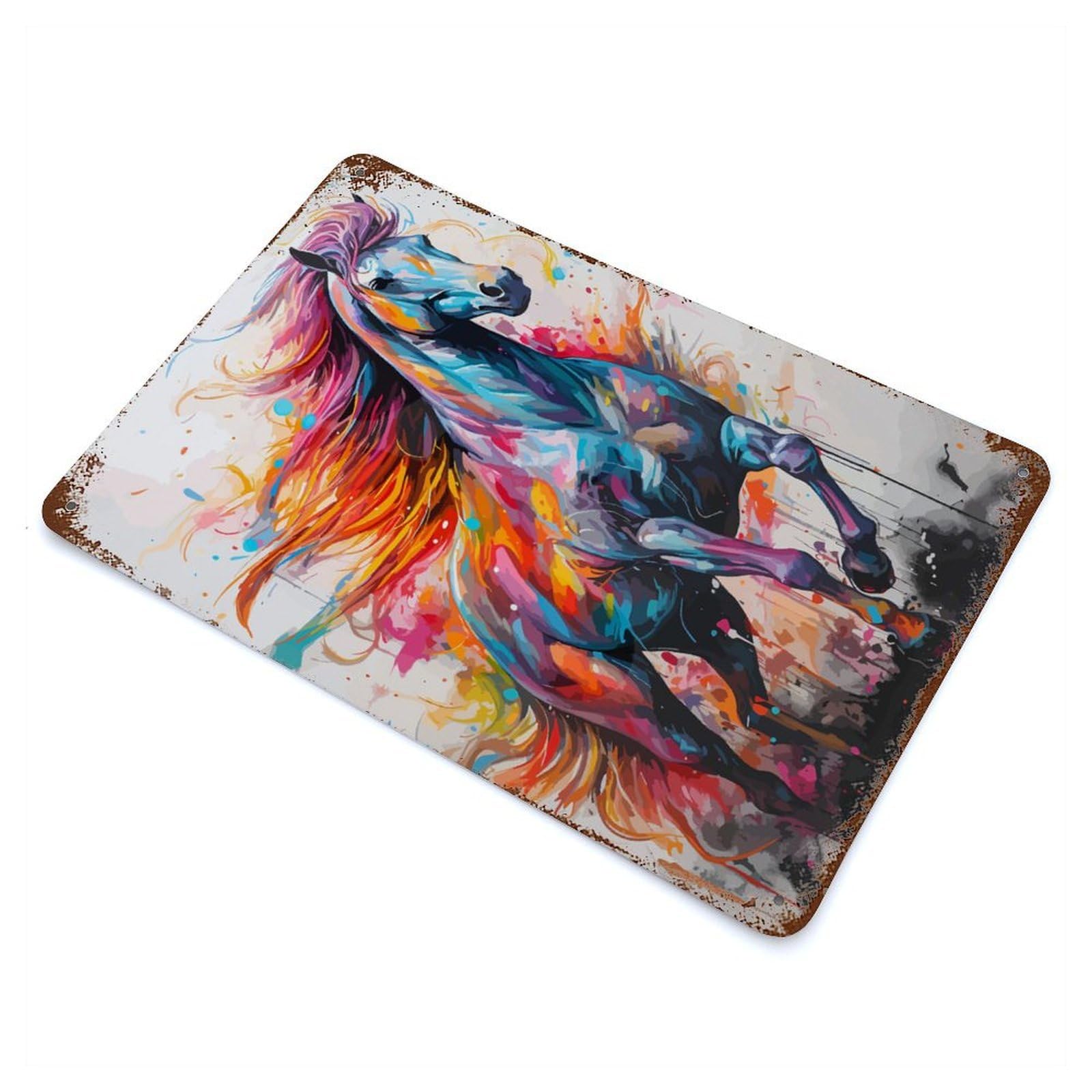 Horse Painting Animal 11.8"x7.9" Weathered Tin Sign, Rustic Home Decor for Living Room, Hallway And Home Decor