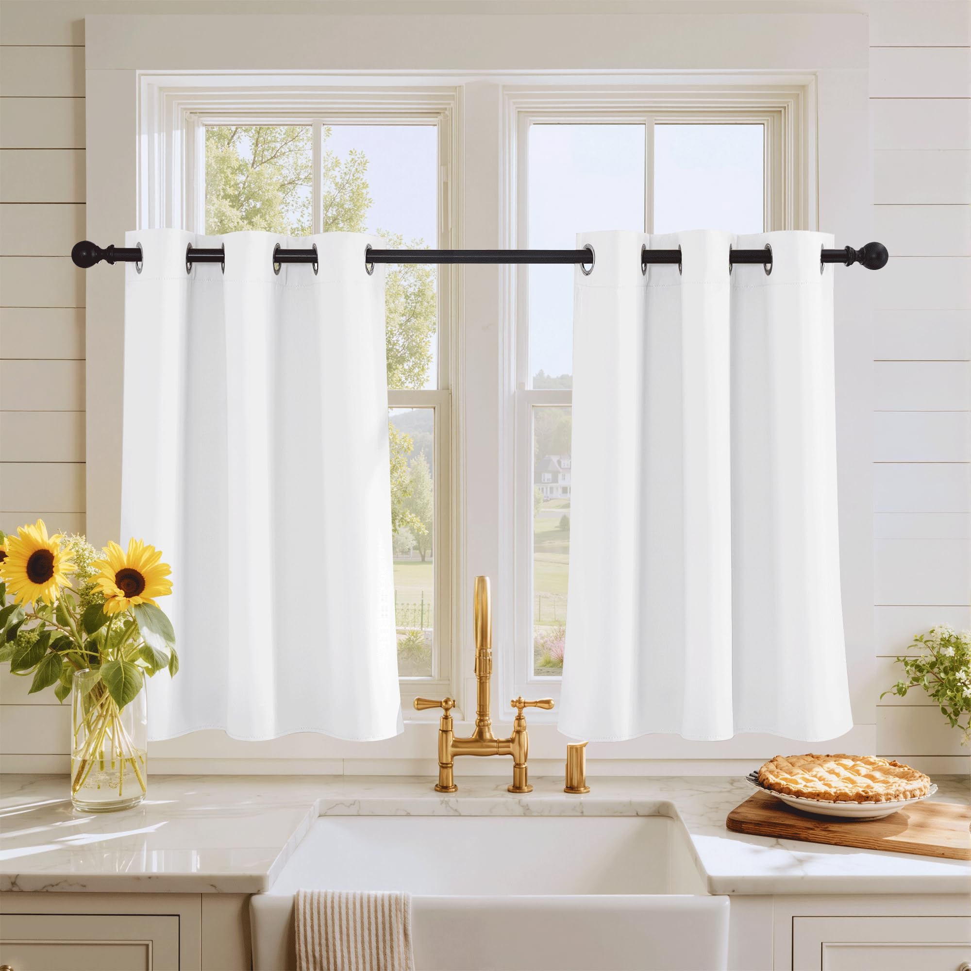 RYB HOME Room Darkening Curtains for Kitchen, Light-Filtering Privcay Half Window Valance Solid Grommet Drapes for Bathroom Closet Basement, W42 x L36