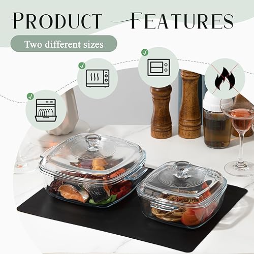 Miniatura 4 de Cacerola de vidrio con tapa de 1.5 L0.8 l con guantes de hornear y alfombrilla de silicona resistente al calor, cuencos para microondas con asa para