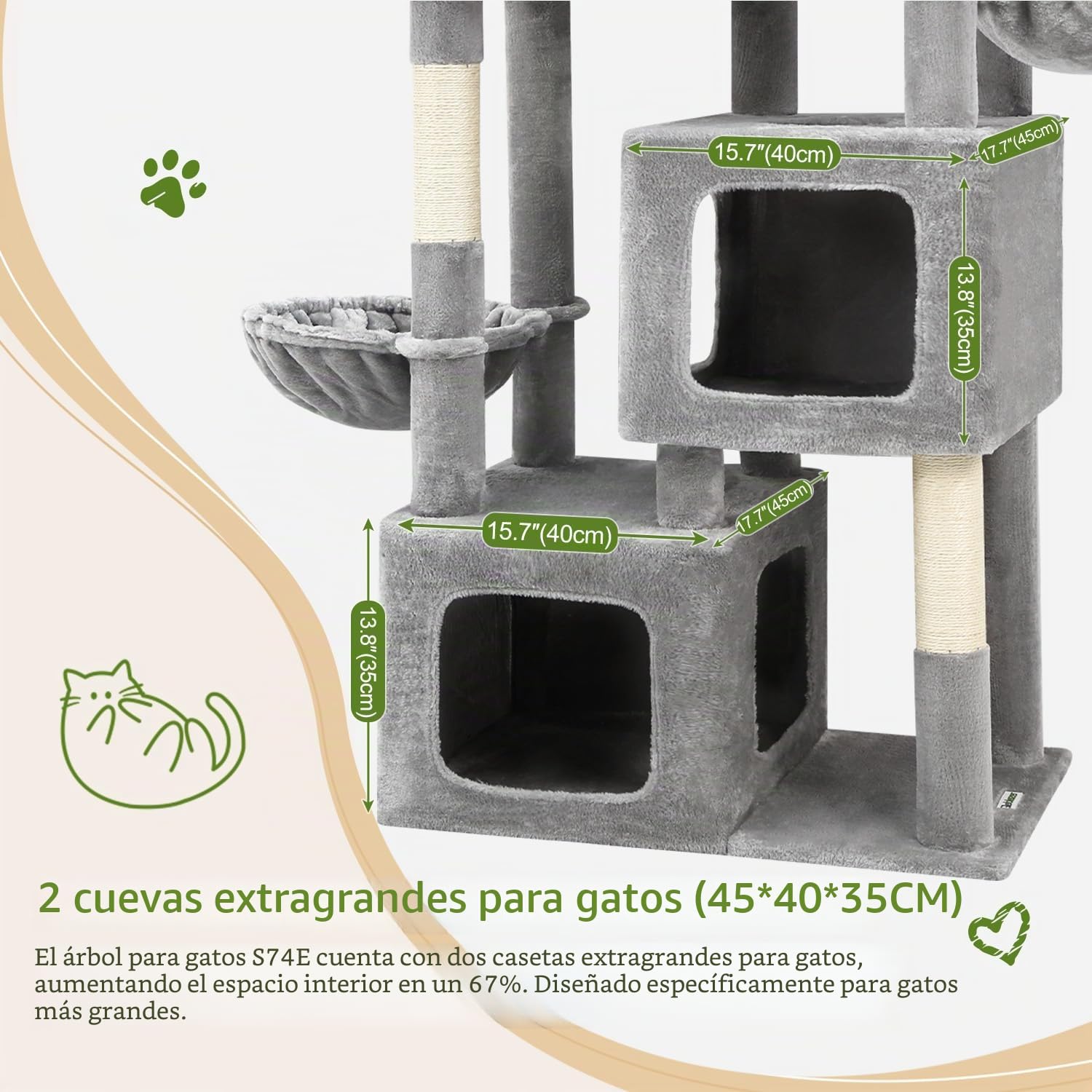 Globlazer Arbol Rascador para Gatos alto 189 cm con 2 Nidos Grande 45*40*35cm, 3 Plataforma Amplio 45*40CM, 2 Percha, 2 Cesta, Enorme Torre para Gatos Grandes Maine Coon Adultos (S74E, Gris Claro)