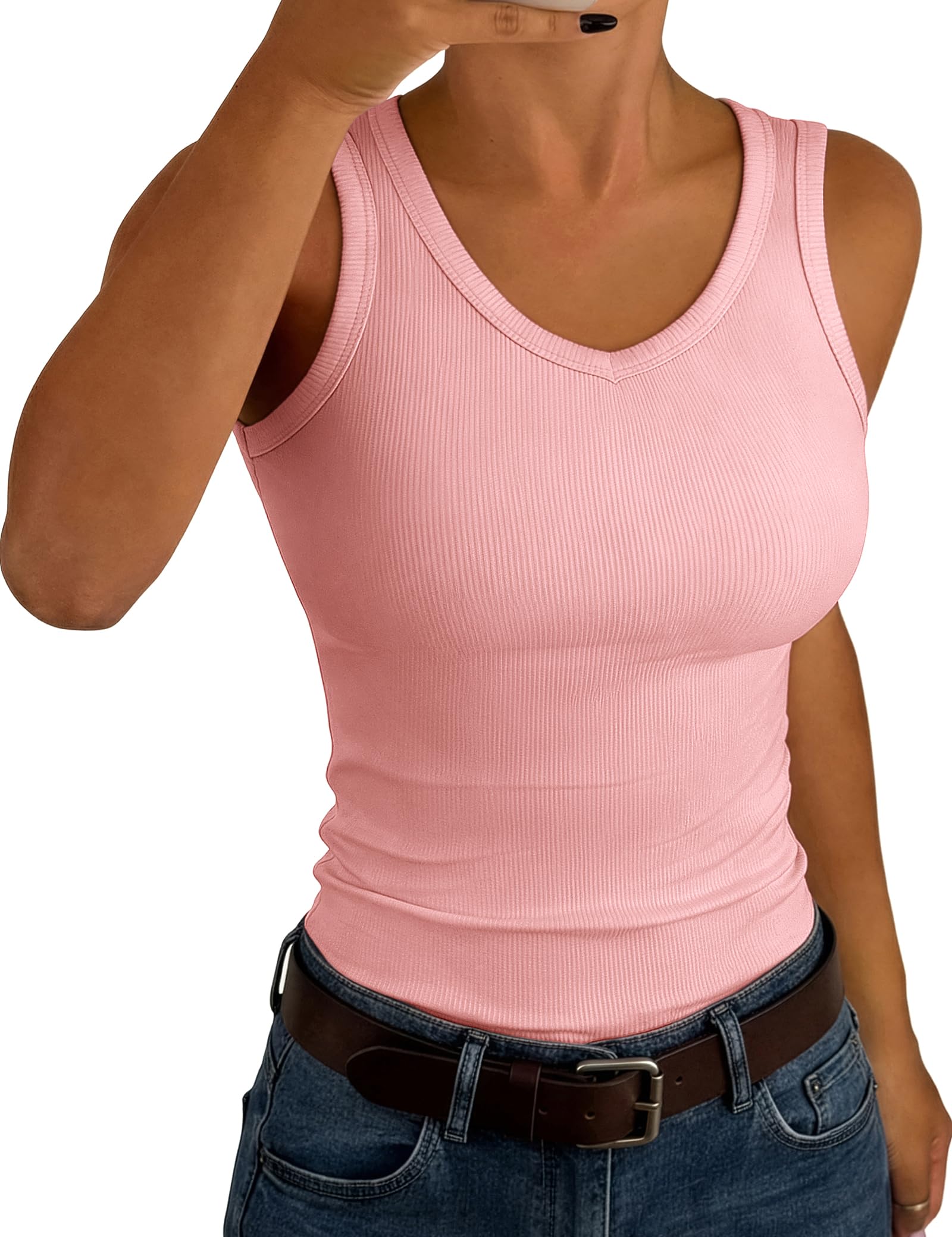 Aottori Tank Top Damen V-Ausschnitt Sommer Oberteile Ärmellos Gerippt Slim Fit Tanktops Sexy Stretch Basic Unterhemd Casual Einfarbig