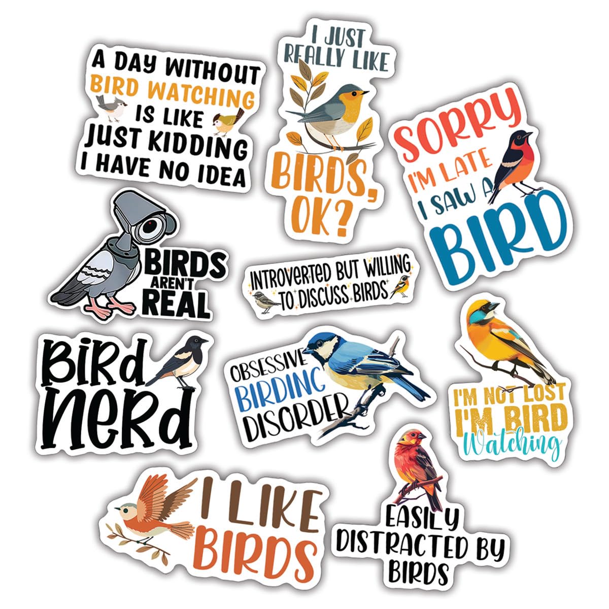 (10pcs) Bird Stickers Bird Lover Decals Cute Bird Nerd Funny Gifts for Bird Watcher Funny Gifts Multiple Different Design, Waterproof, UV- Resistant, Suitable for Tumbler, Laptop, Car, Truck