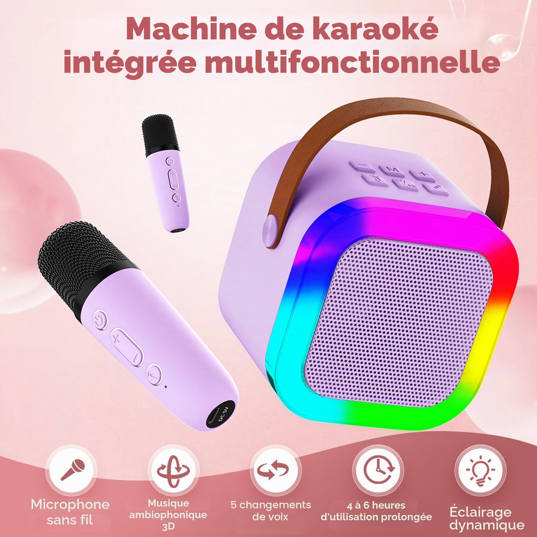 Mini Machine de karaoké pour Enfants et Adultes, Mini Machine de karaoké avec 2 Microphones sans Fil, Cadeaux d'anniversaire pour Filles âgés de 6, 7, 8, 9, 10, 12 Ans, Purple