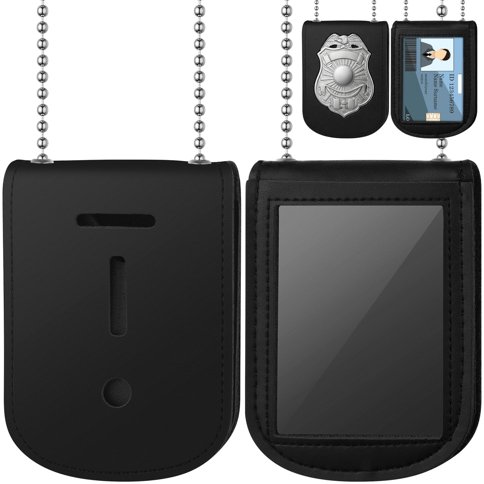Sadnyy Police Badge Holder Neck Chain Leather Badge Security Card Holder with Inside ID Storage for Police, Firefighter, Detective(Rectangle)