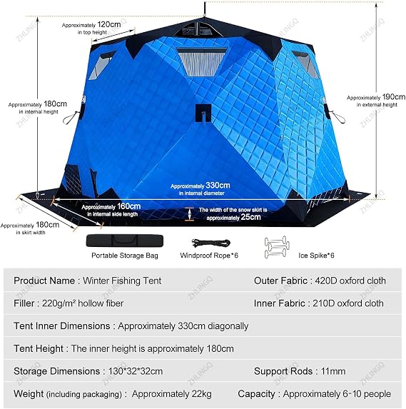 Ice Fishing Shelter with Stove Jack and Floor, 75 sp ft Portable Pop Up 6-10 Person Ice Fishing Tent Shelter, Fully Insulated Winter Ice Fishing Shanty with 4-Layer Thermal Hub Windproof Warm Green