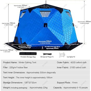 Ice Fishing Shelter with Stove Jack and Floor, 75 sp ft Portable Pop Up 6-10 Person Ice Fishing Tent Shelter, Fully Insulated Winter Ice Fishing Shanty with 4-Layer Thermal Hub Windproof Warm Green