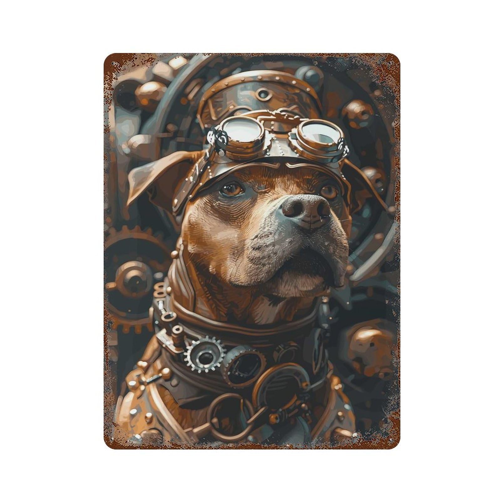 Vintage Rust Metal Sign with Steampunk Dog Terrier Design 15.7"x11.8", for Shed, Workshop And Garage Wall Decor, Classic Wall Plaque