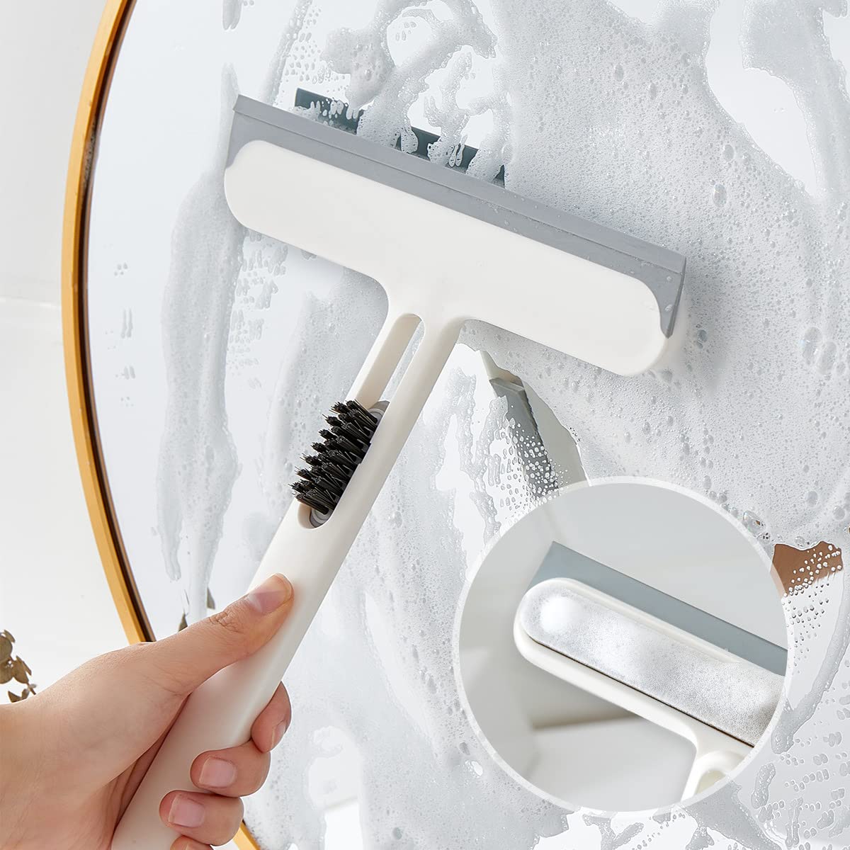 Lavavetri, strumento multifunzione 3‑in‑1 con supporto in silicone | For la pulizia del vetro della doccia, dello specchio, delle piastrelle del bagno e degli spazi vuoti(White)