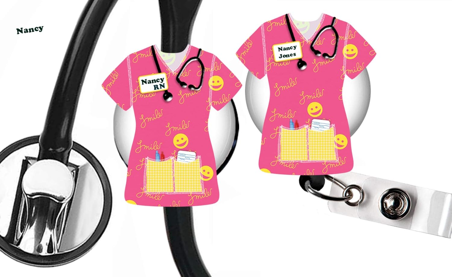 Stethoscope Badge Reel ID Tag Pink Personalized, Nurse