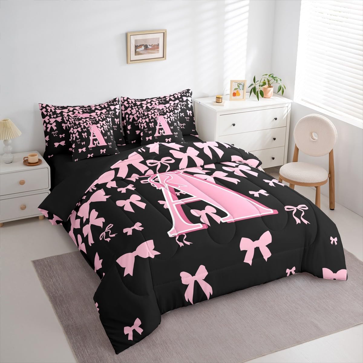 jejeloiu Girls Cute Bow Comforter Set with Sheets 7 Piece Queen Size Initial Letter A Bed in a Bag Kids Boys Girls Black Pink Coquette Bowknot Bedding Set Monogrammed Bedroom Decor Breathable Soft