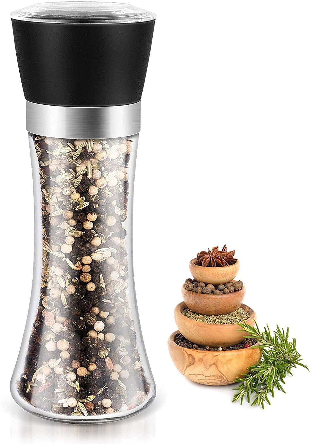 Pepper Mill Salt & Pepper Grinder Stainless Steel Salt & Pepper Mill with Adjustable Coarseness Refillable Pepper Mill Shaker with Glass Body (Black Salt Paper)-image-34