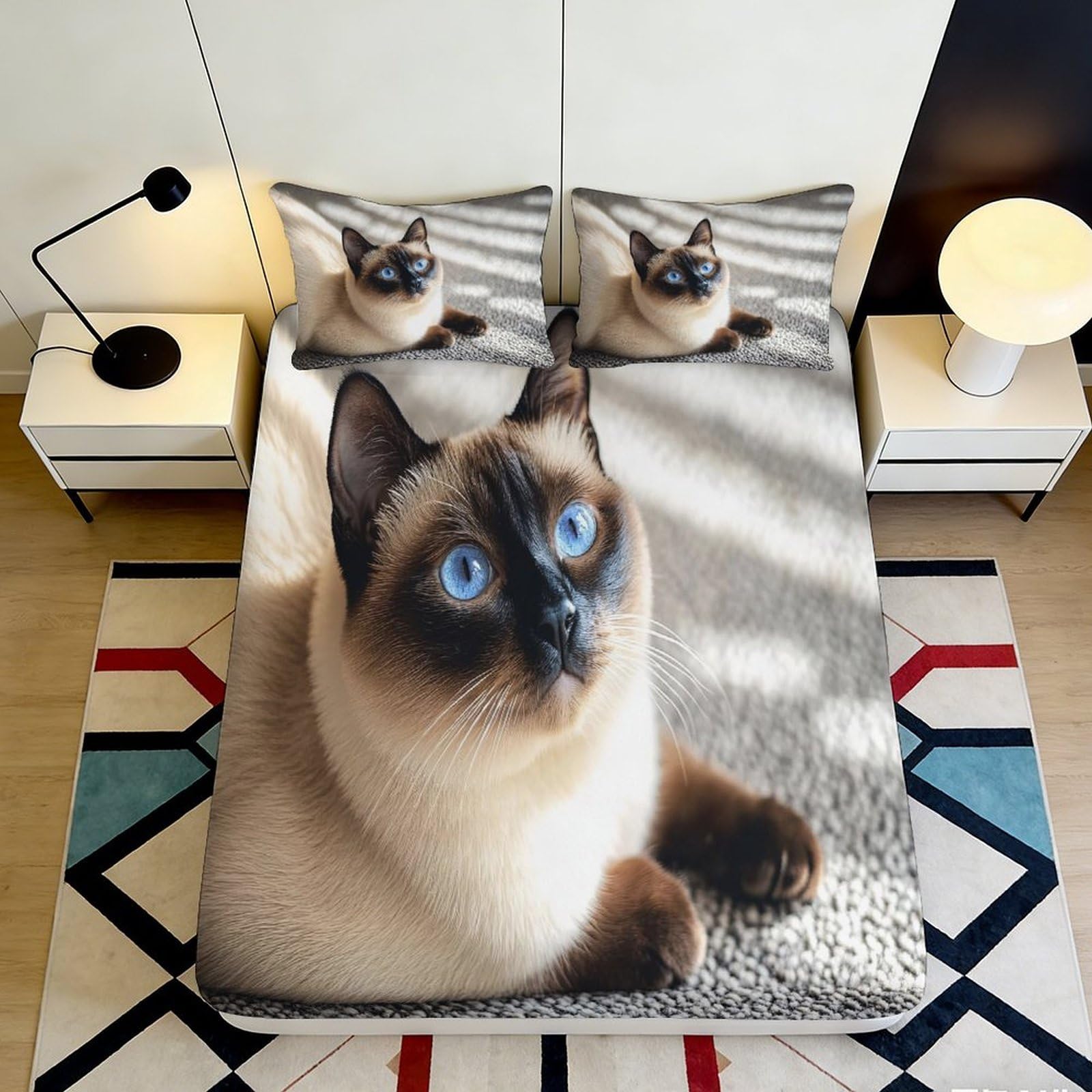 Jqzkxnhpbr Style-7 3D Printed Siamese Cat Fitted Sheet Microfiber Soft Bedroom Decor Realistic Blue Eyes Mattress Cover 90X200x25cm