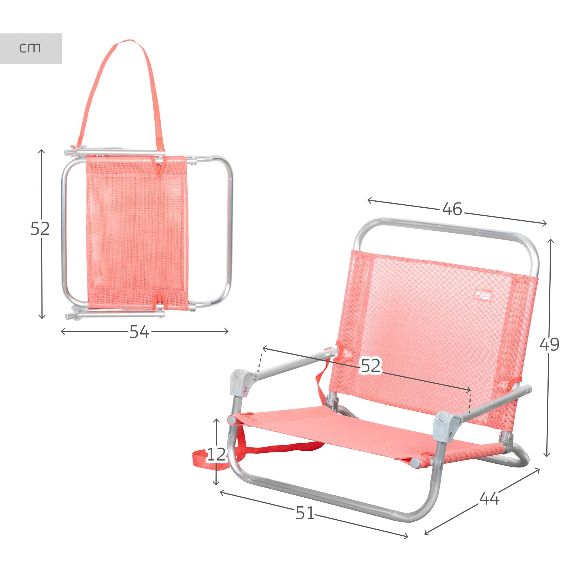 Aktive 62676 Silla plegable playa, acampada, Asiento bajo, Sin tubo delantero, Soporta 110 kg, Asa hombro de transporte, Estructura aluminio, 46 x 44 x 49 cm, Coral
