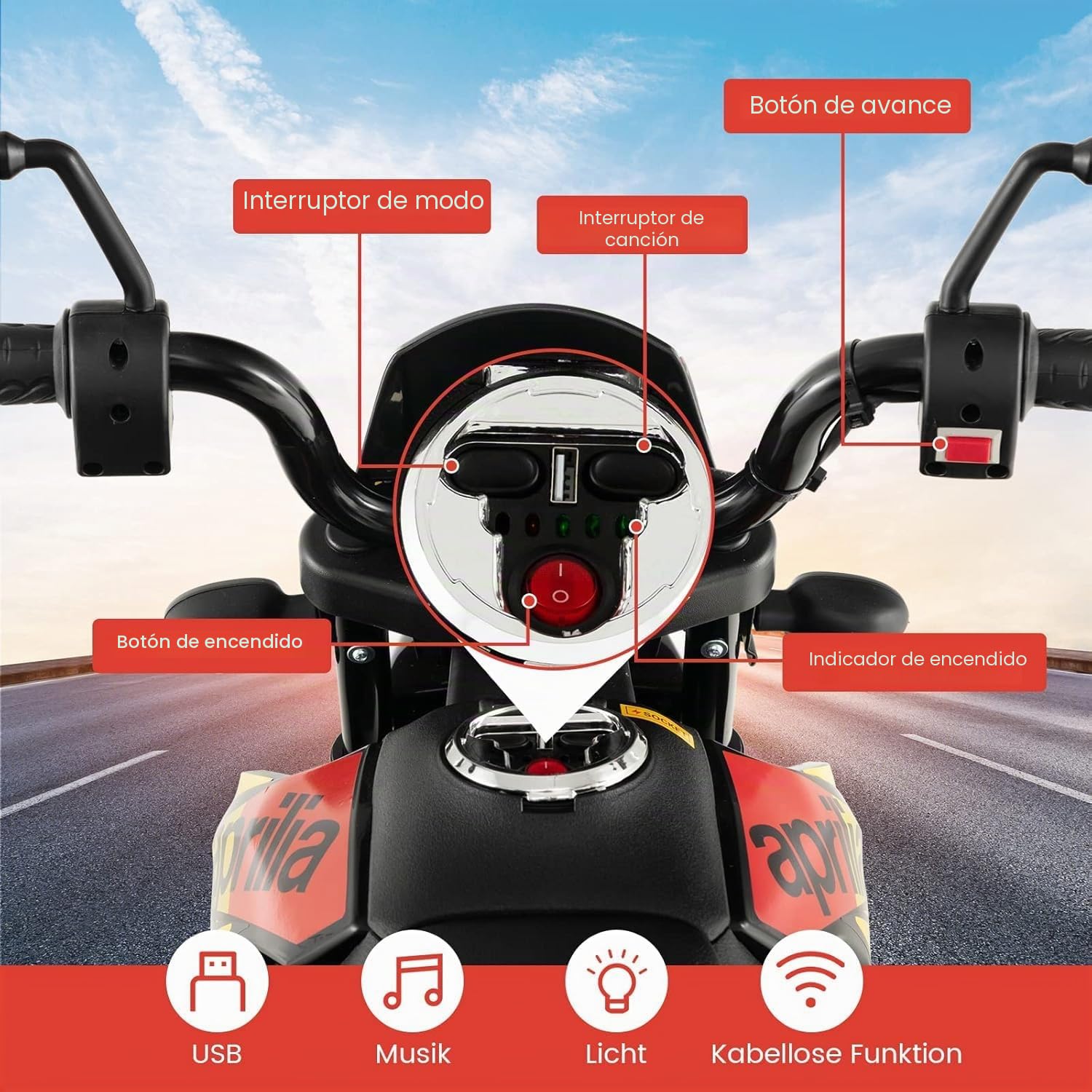 FANTASK Aprilia 12V Motocicleta Eléctrica Infantil 5,5-6 km/h, Motocicleta Infantil con Estabilizadores y Música y Faros, Rojo y Negro Motocicleta para Niños de 3 a 8 Años, Rojo