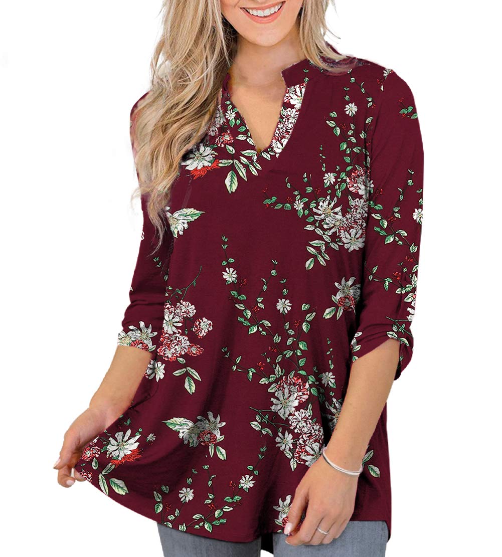 OthyroceWomens Floral Printed Tunic Tops 3/4 Roll Sleeve V Neck Blouses Long Sleeve Shirts for Women