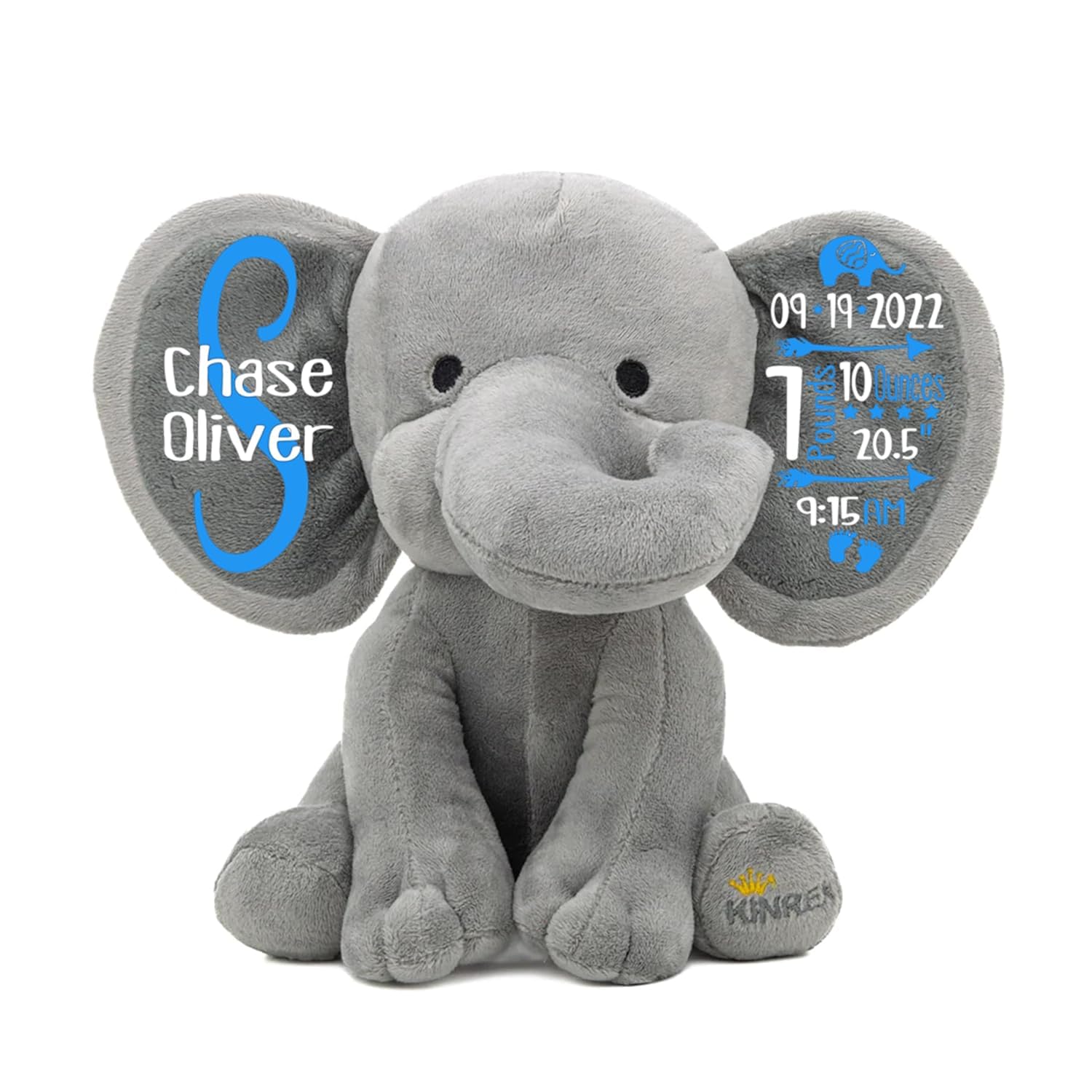 Personalized Elephant Stuffed Animal Birth Stats Plush for Babies - Gray 9"