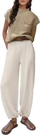 Tanming Women's 2 Piece Outfits Sweater Sets Knit Pullover Tops and High Waisted Pants Lounge Sets