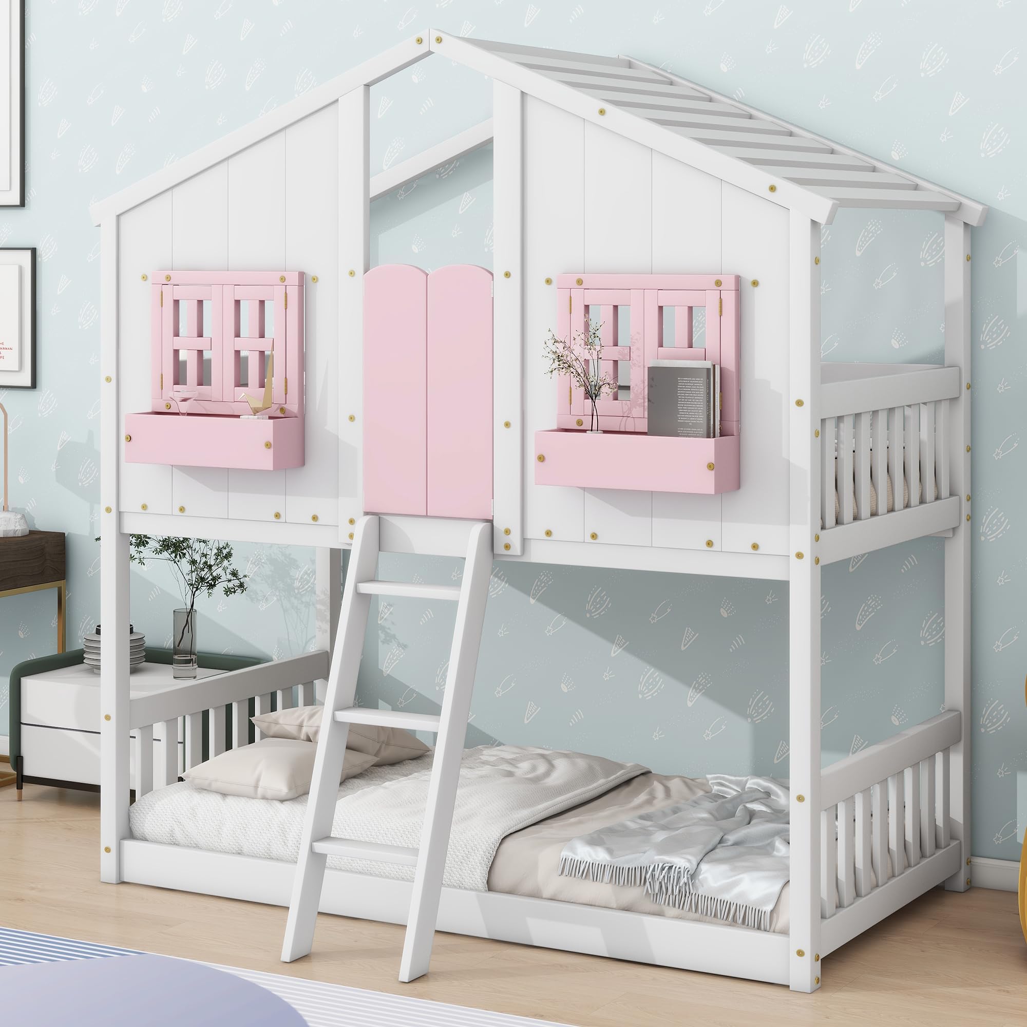 Twin Over Twin Size House Bunk Bed with Roof, Windows, Storage Box and Small Door, Solid Wood Low Floor Bunk Bed Frame with Guardrails and Ladder for Kids Girls Boys, No Box Spring Needed, Pink