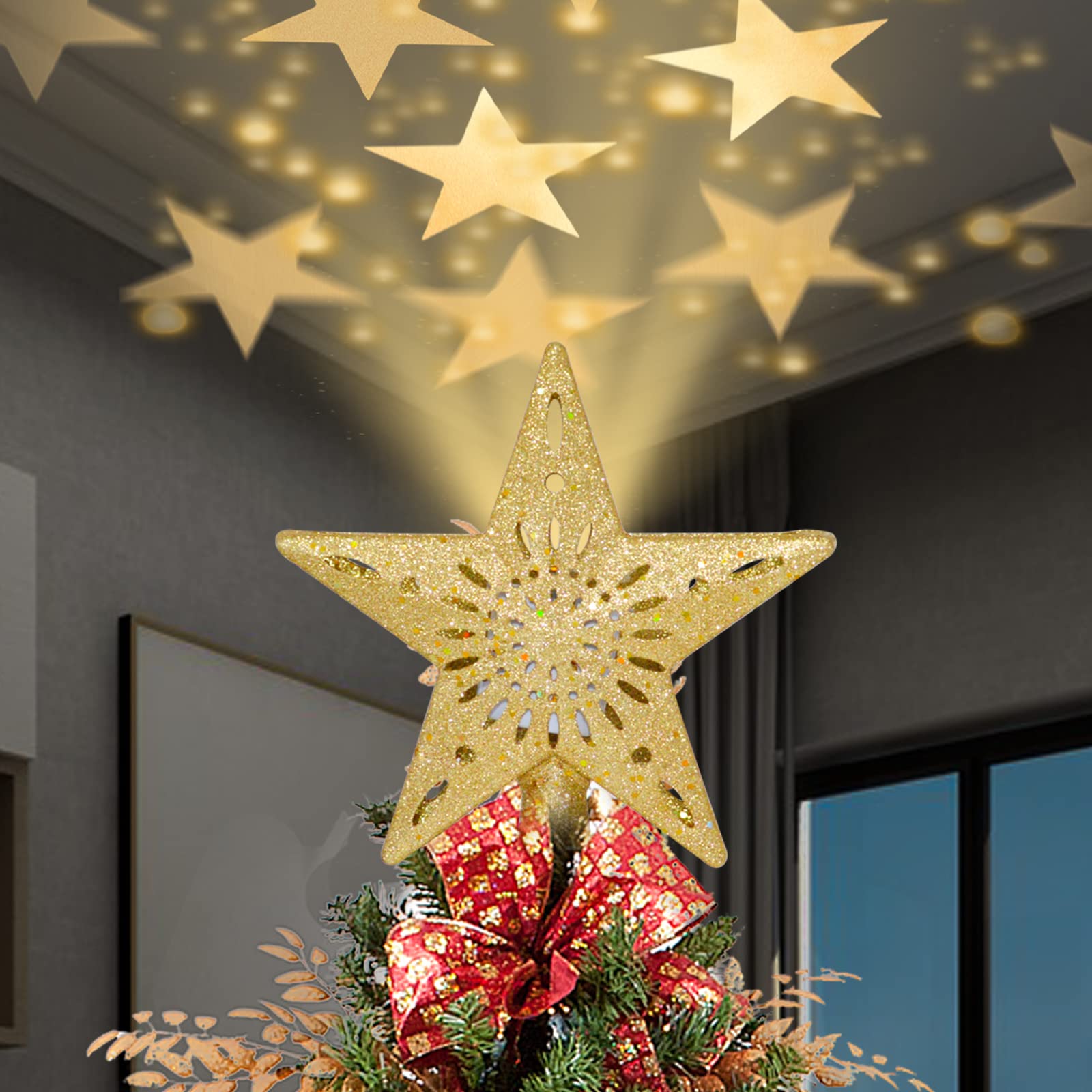 Christmas Tree Topper, Christmas Decoration Tree Top Star 3D Projection Lamp with Rotating Star Projector Lights,for Christmas Decorations Xmas New Year Holiday Party (Five-Pointed Star)