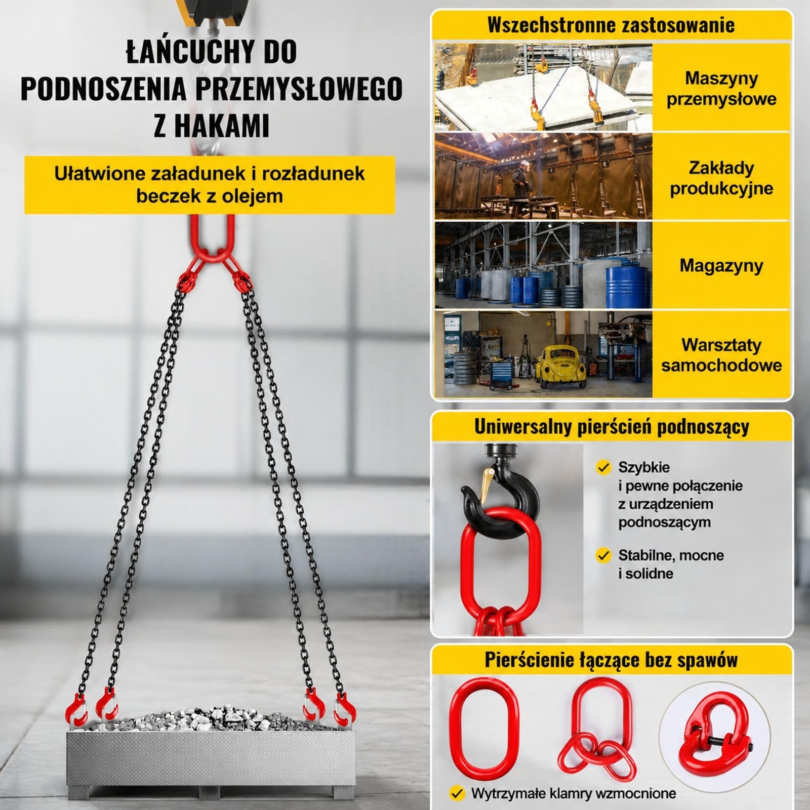 Zawiesie łańcuchowe z 4 cięgnami i hakami do podnoszenia oraz prac magazynowych
