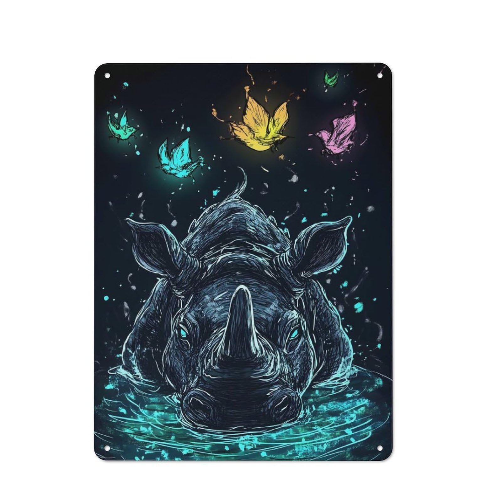Junmoney Style-21 Metal Wall Sign 40X30cm Featuring Rhino In Water With Birds For Hallway Wall, For Hallway Decor Lovers, For Retro Home Interiors
