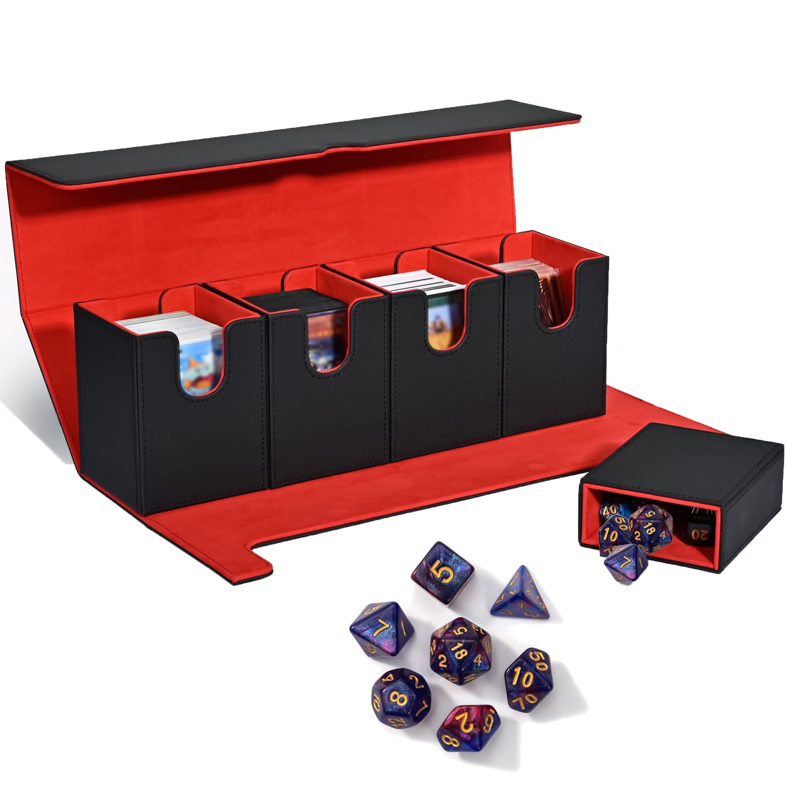 Smgbway Caja de Almacenamiento de Tarjetas Coleccionables, Magnetic Flip Box 5 en 1 con dados poliédricos de 7Pcs para más de 900 cartas, Trading Card Box, Deck Box (900+, blackred)