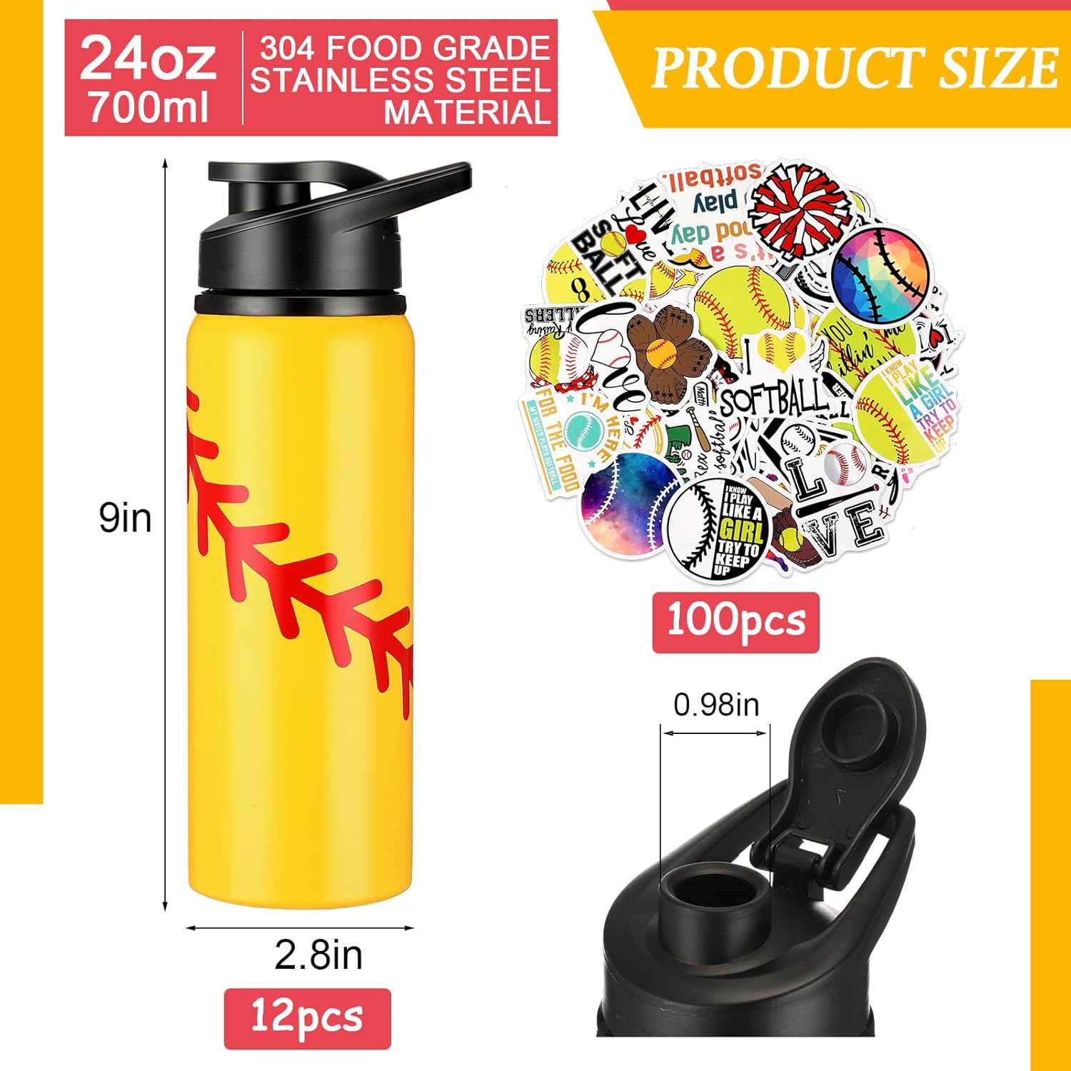 Gerrii 12 Pcs Softball Water Bottles Bulk Softball Gifts for Team 20 oz Stainless Steel Reusable Bottles with Snap Lid 100 Pcs Stickers Helmet Award Decals Stuff